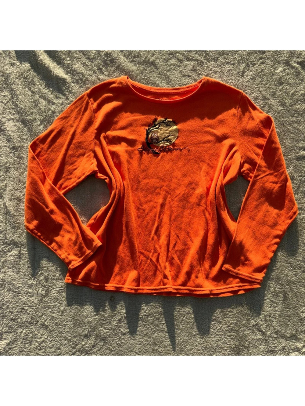 Orange Long Sleeve Happy Vintage 90’s Halloween With Owl on Tree embroidered